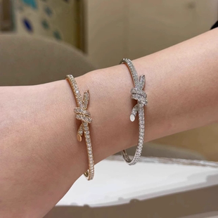 绳结手镯女925银满钻轻奢手链18K玫瑰金高级感叠戴打结K NOT手环