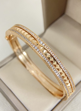 【刘亦菲同款】满钻手镯女AU750双排钻铆钉18K玫瑰金密镶百搭手环