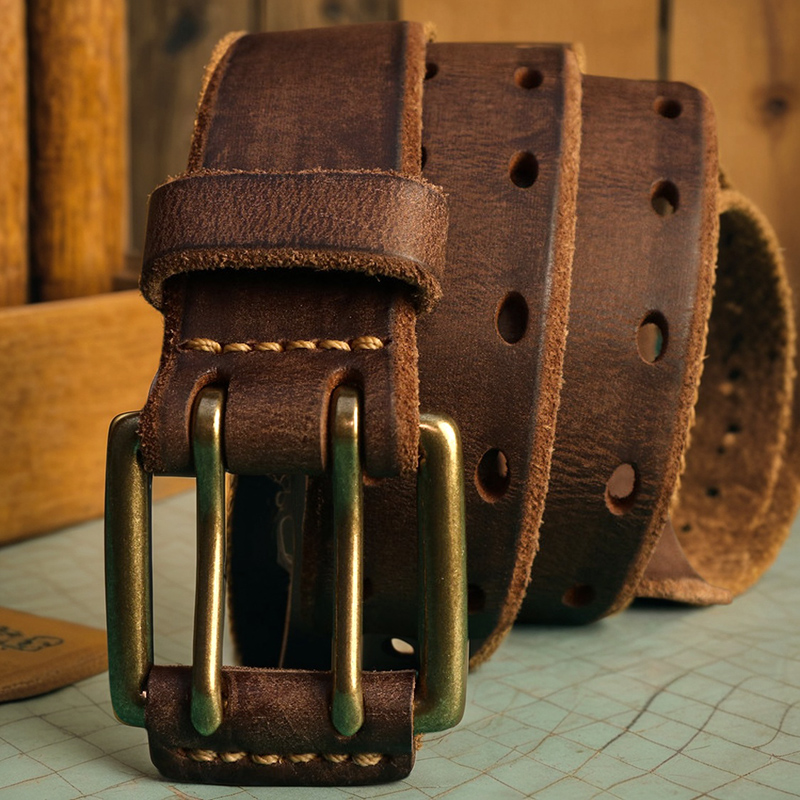 男士双针扣牛皮黄铜腰带