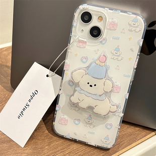 ins可爱奶蓝色布丁小狗支架适用iphone16promax苹果14手机壳17新款15pro女款12小众13pm日韩双层全包防摔软壳
