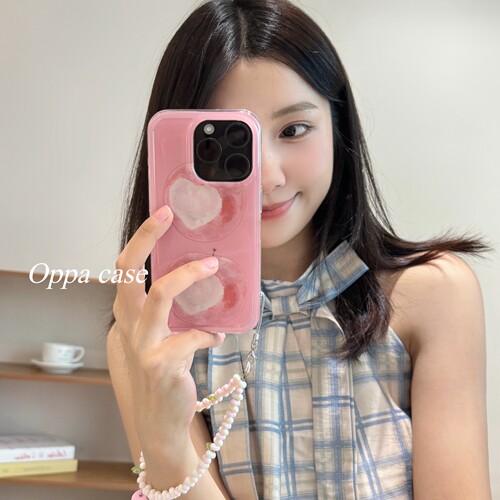 ins少女粉色油画爱心苹果夏日甜美适用苹果16promax手机壳iphone17新款15pro带链条14创意双层全包防摔保护套