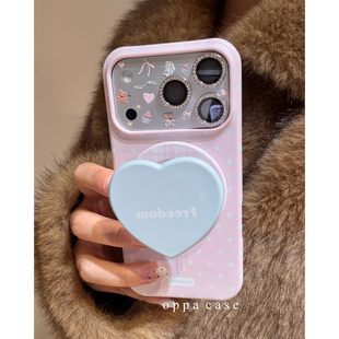 韩系ins少女粉白波点爱心磁吸支架适用苹果17promax手机壳iphone16pro新款 简约15promax菲林保护套半包硬壳潮