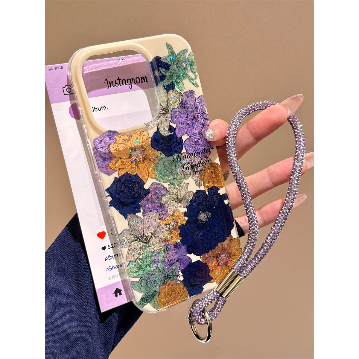 小众复古闪粉彩色花朵适用苹果16promax手机壳iphone13新款15pro女款14双层全包防摔保护套闪钻挂绳