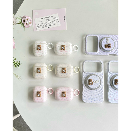 可爱碎花立体抱钻小熊适用airpodspro保护壳新款苹果airpods软壳airpods3保护套pro蓝牙耳机壳潮