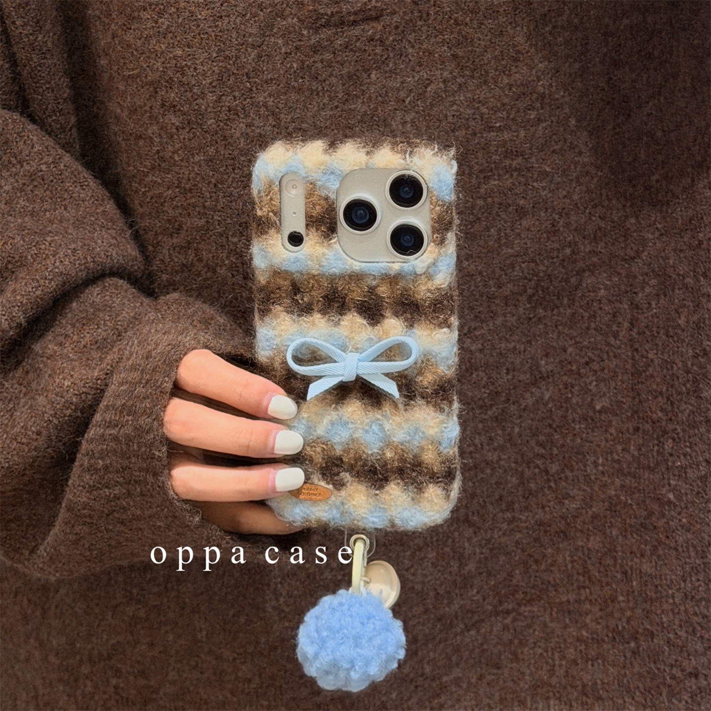 ins秋冬毛绒蓝棕条纹蝴蝶结适用苹果17promax手机壳iph