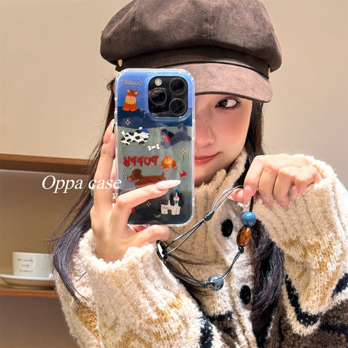 ins油画可爱卡通狗狗适用苹果16promax手机壳iphone17新款15pro女款14双层全包13防摔保护套链条