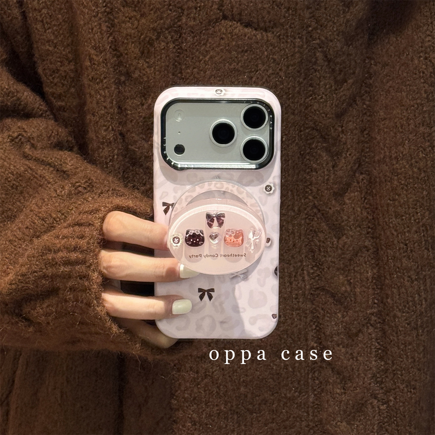 ins灰粉豹纹卡通猫咪磁吸支架适用苹果16promax手机壳iphone17新款15pro少女14菲林硬壳13保护套