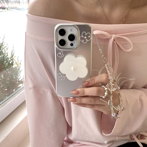 ins哑光银白色线条花朵蝴蝶适用苹果17promax手机壳iphone13新款15pro女款14支架手链16Pro全包防摔保护套软