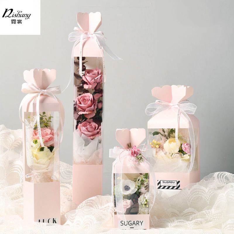 教师节花盒鲜花包装礼盒方形PVC折叠纸盒玫瑰花束插花盒