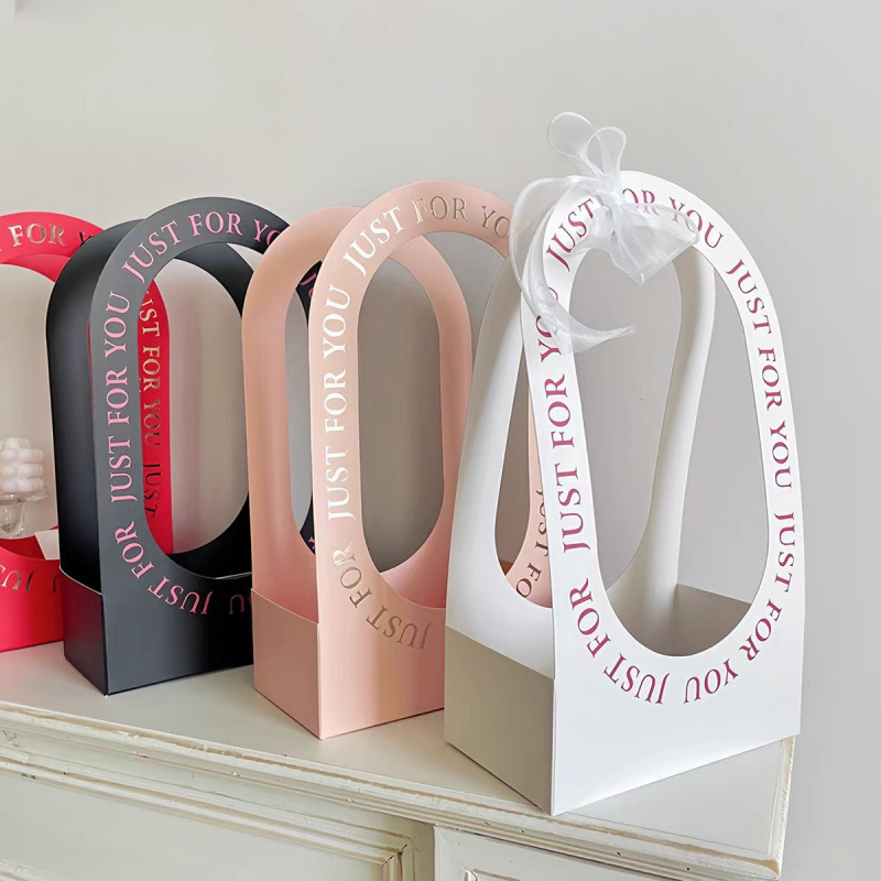 花艺手提花盒插花手提鲜花袋小提蓝花束包装盒折叠镂空手拎插花盒