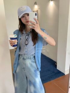 蓝色格子两件套简约复古短袖衬衫女夏季新款时尚宽松短款上衣衬衣