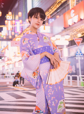 日本改良和服令和夏季小清新摄影复古料理店淡紫色少女四件套浴衣