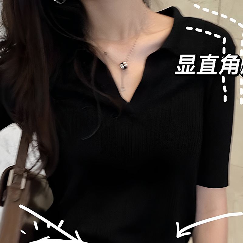 黑色正肩POLO针织衫V领短袖T恤女2025新款夏季修身显瘦冰丝凉感