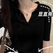 黑色正肩POLO针织衫V领短袖T恤女2025新款夏季修身显瘦冰丝凉感