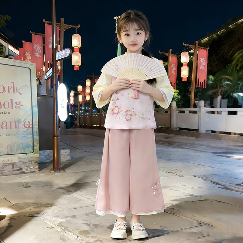 女童新中式印花阔腿裤汉服套装潮