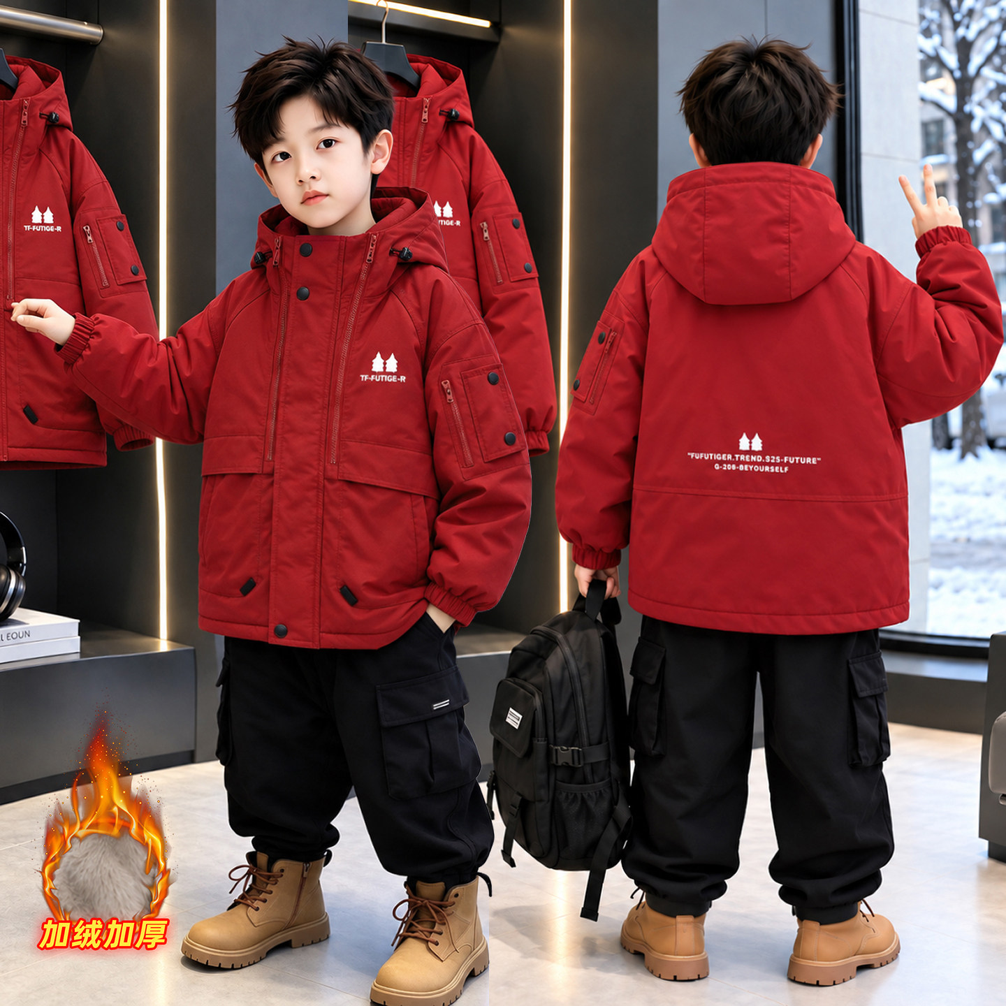 男童冬季红色加厚加绒连帽新棉服