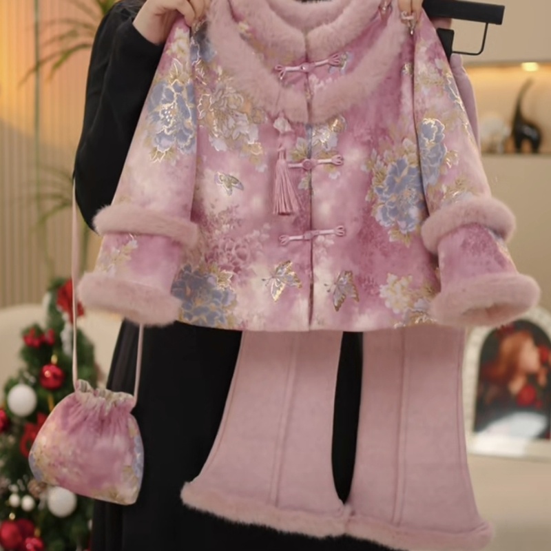 女童中国风加绒套装冬季拜年棉服