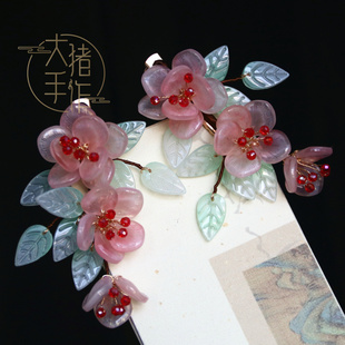 古风仙气汉服粉色桃花枝樱花发夹发簪子Lolita旗袍头饰发饰配饰