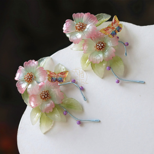 古风粉绿色系琉璃花朵簪花仙气发饰发夹古装旗袍汉服配饰手工头饰