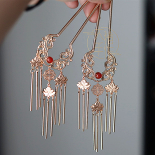 大猪手作原创古风金色红玛瑙流苏发簪子步摇掩鬓发钗汉服头发饰