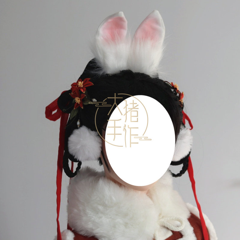 古风粉白兔耳朵发饰发夹中秋小兔子毛绒球头饰套装汉服lolita头饰