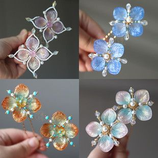 古风发饰u形发钗珍珠琉璃花朵头饰唐风少女掩鬓发簪汉服旗袍配饰