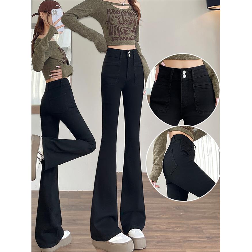 修身高腰微喇叭牛仔裤女2025冬季显瘦显高双扣弹力紧身黑色裤子女