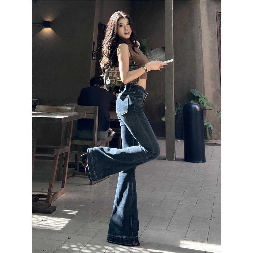 美式高街设计感低腰微喇牛仔裤女春秋紧身弹力拖地裤子高个子加长