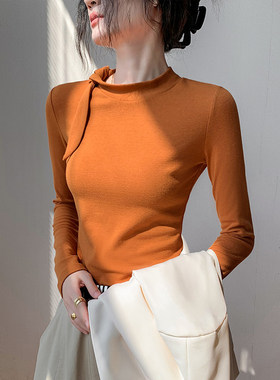 橘色蝴蝶结绑定长袖T恤女早秋新款修身显瘦正肩纯色内搭打底衫