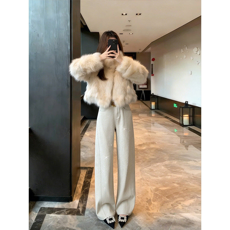 加绒奶茶灰烫钻弯刀牛仔裤女2026春季新款满天星闪钻阔腿镰刀裤子,女装/女士精品,牛仔裤,淘宝优惠券,粉丝福利购,淘宝优惠卷