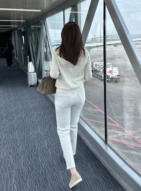 白色烟管牛仔裤2026新款春秋高腰弹力显瘦小个子八九分直筒裤加绒