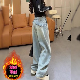 胖mm宽松显瘦弯刀裤 美式 后斜兜设计大码 女秋冬新款 高腰阔腿牛仔裤