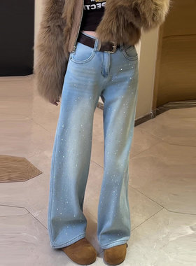 蓝色烫钻阔腿牛仔裤女冬季2026新款高腰显瘦加绒加厚宽松直筒裤子