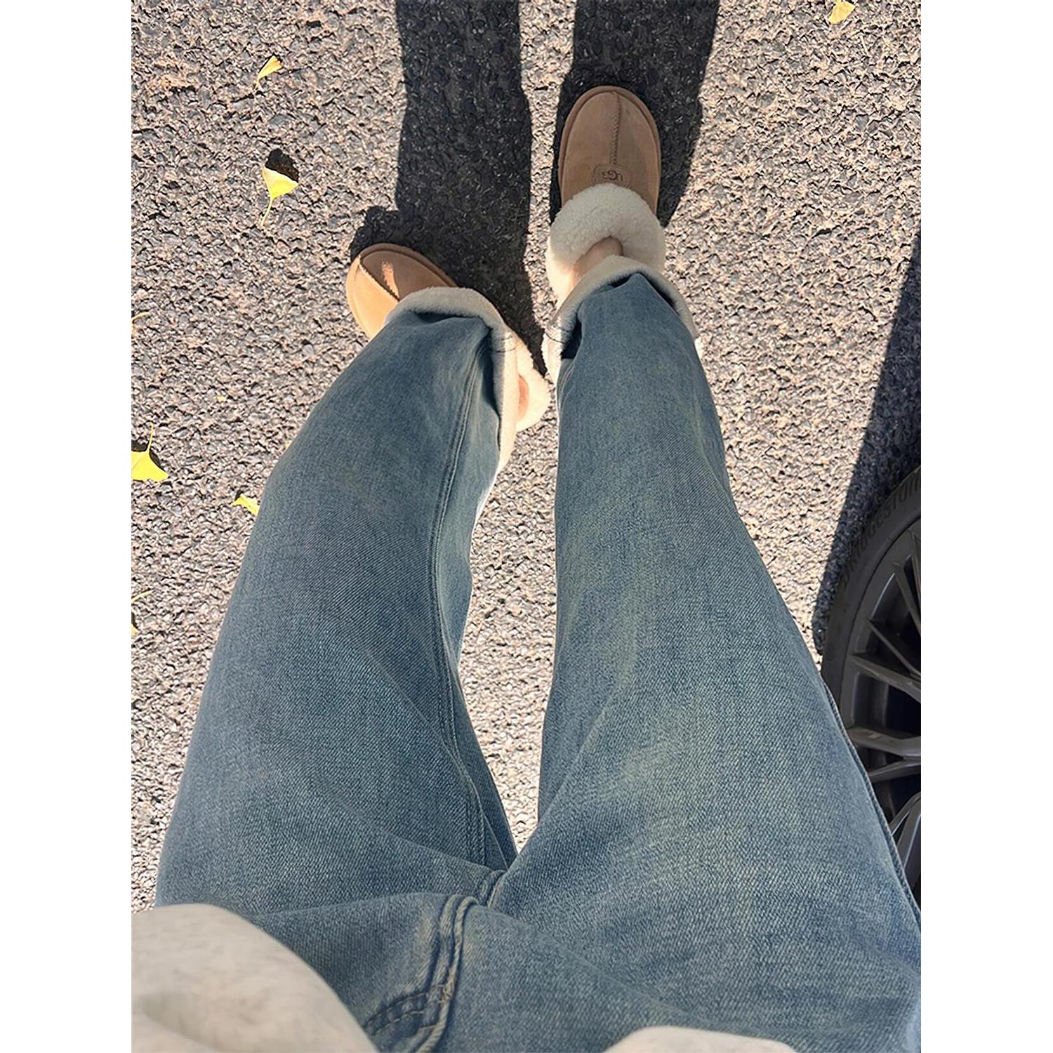 加绒加厚直筒牛仔裤女秋冬季胖妹妹mm宽松显瘦阔腿裤梨形身材裤子