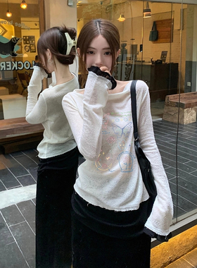 韩系白色蝴蝶印花拼接长袖t恤女秋季薄款设计感减龄防晒罩衫上衣