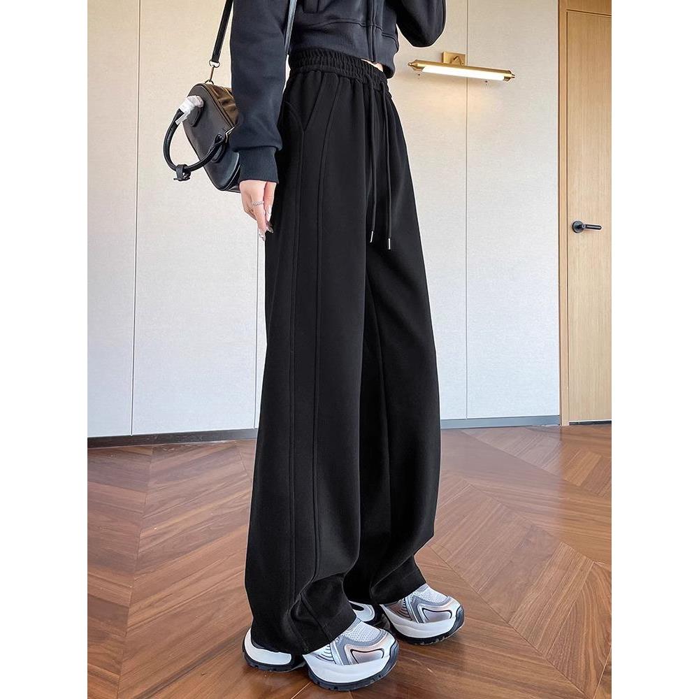 大码卫裤女2025新款秋冬加绒阔腿裤子胖mm慵懒松弛感黑色运动裤女