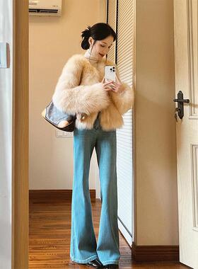 美式水洗浅绿色显瘦微喇牛仔裤女秋季小众高腰修身百搭马蹄长裤子