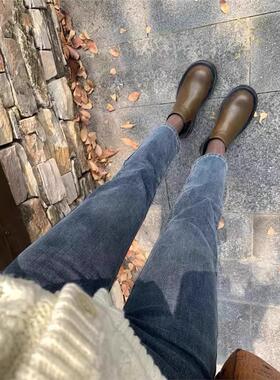 蓝灰色烟管直筒牛仔裤女2026年春新款小个子女士高腰显瘦法棍裤子