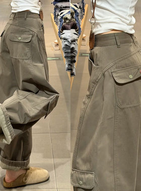 灰绿色美式加绒工装裤女秋冬高腰宽松显瘦运动裤小个子弯刀阔腿裤