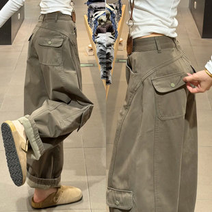 灰绿色美式加绒工装裤女秋冬高腰宽松显瘦运动裤小个子弯刀阔腿裤