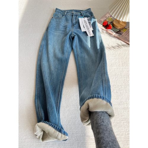 浅蓝色加绒加厚宽松直筒牛仔裤女秋冬新款高腰显瘦垂感百搭阔腿裤