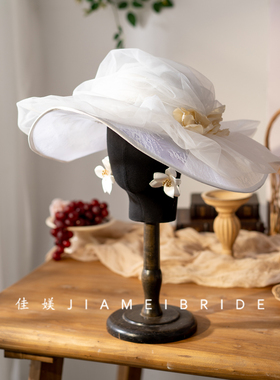 新款手作法式复古高级感白色蕾丝白纱杏色花朵礼帽礼服摄影头饰