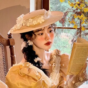 佳媄原创复古蕾丝手工花礼帽子新娘头饰品样片拍摄外景造型油画风