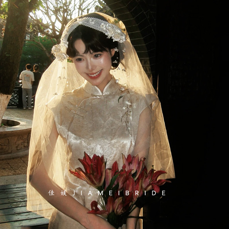 法式蕾丝复古民国风铃兰花头纱新娘婚纱礼服帽纱跟妆影楼旅拍配饰