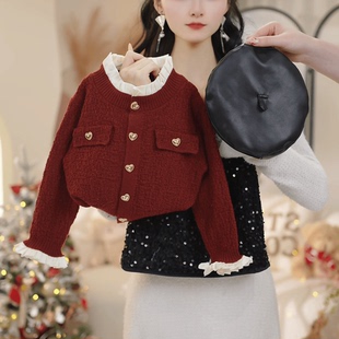 女童2026冬季新款新年红花边毛衣+亮闪闪半身裙两件套