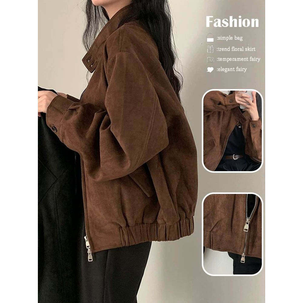 美式复古麂皮绒外套女春秋季新款设计感小众飞行员短款夹克上衣潮,女装/女士精品,短外套,淘宝优惠券,粉丝福利购,淘宝优惠卷