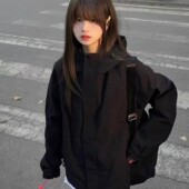 慵懒风户外骑行宽松休闲工装 美式 黑色冲锋衣外套女春秋新款 夹克女