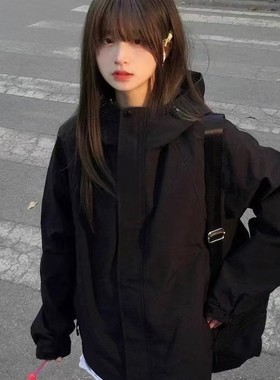 美式黑色冲锋衣外套女春秋新款慵懒风户外骑行宽松休闲工装夹克女