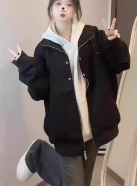 美式黑色冲锋衣外套女春秋新款复古宽松纯色飞行员夹克翻领棒球服