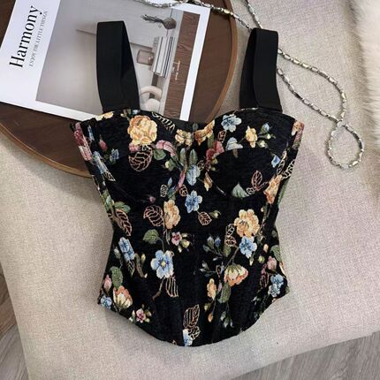 2026 New Vintage Printed Fishbone Bra Niche Camisole Tube Top Slim Fit Slimming Tank Top Camisole
